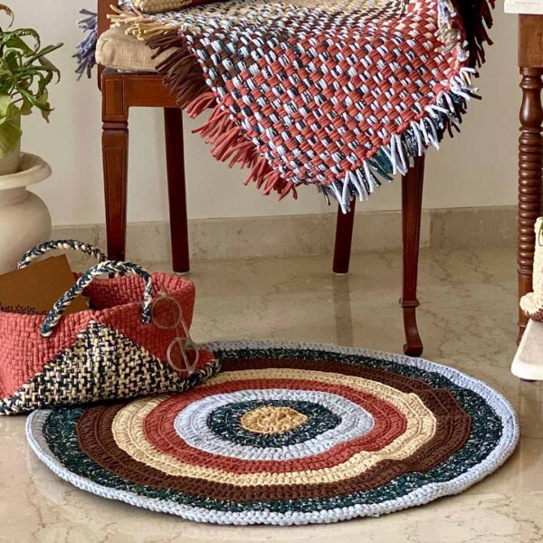 Image of Round Crochet Floor Rug Brown Green Beige Light Grey