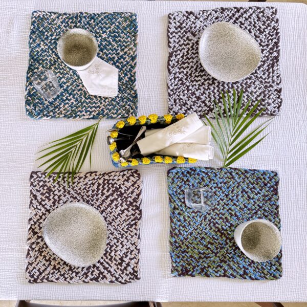 Image of Set of 4 Hand-Woven Square Placemats / Dining Mats Aubergine, Blue, Moss green, Grey, Lemon, Light purple