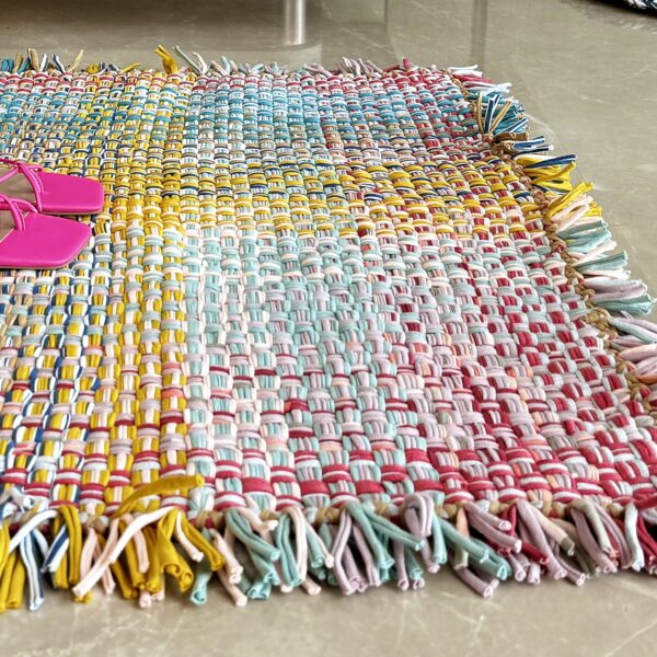 Image of Tassel Floor Rug / Throw Coral, Blue, Light Pink, Yellow, Beige, Light Grey