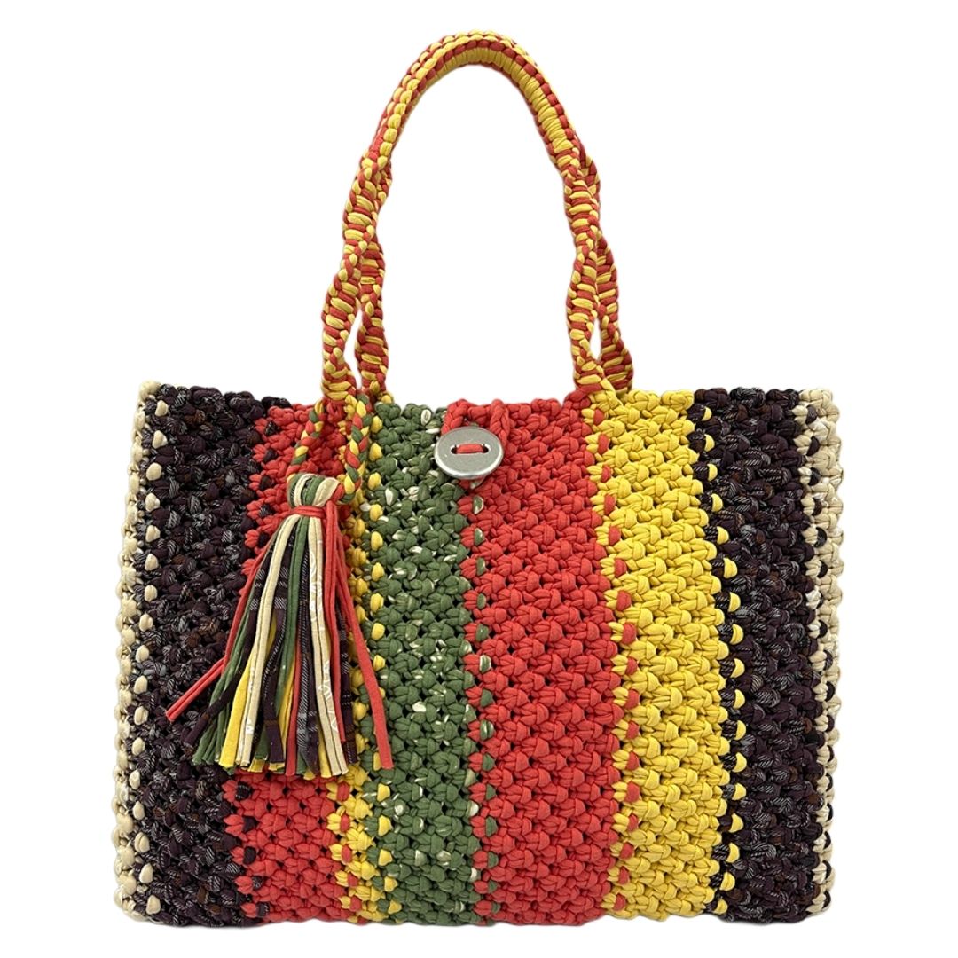Image of Macrame Tote-Medium | Coral, Green, Yellow, Purple