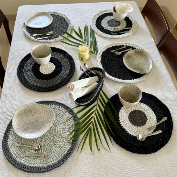 Image of Set of 6 Round Crochet Placemats / Dining Mats Charcoal Grey Silver Grey Premium