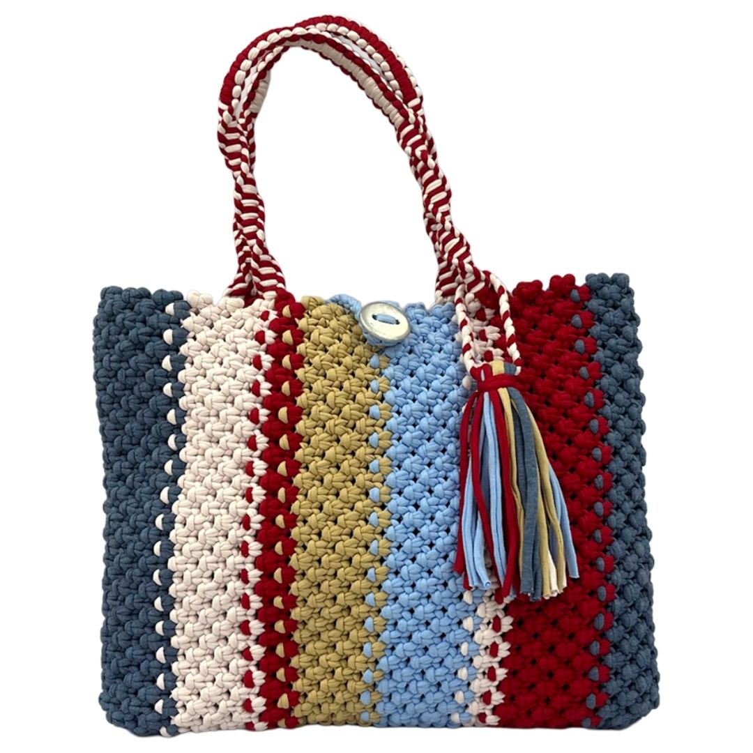 Image of Macrame Tote-Medium |  Red, Blues, Beige