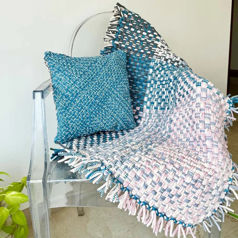 Image of Square Cushion Cover Blue Off White