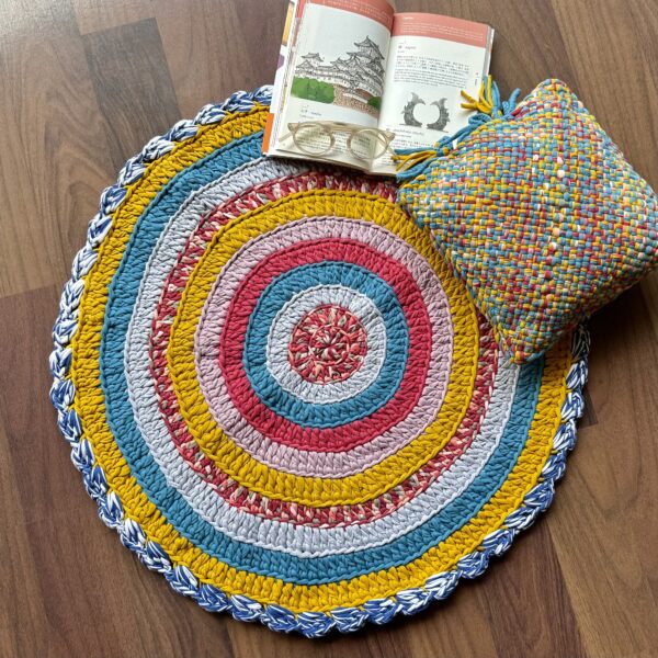 Image of Round Crochet Floor Rug Coral, Blue, Light pink, Yellow, Beige, Light grey