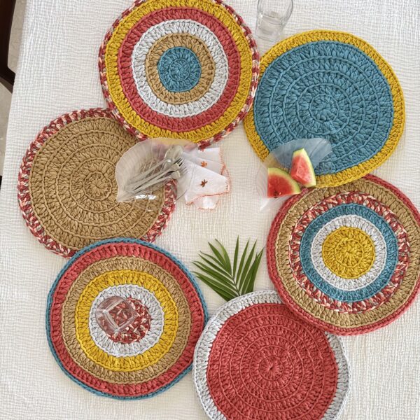 Image of Set of 6 Round Crochet Placemats / Dining Mats Coral, Blue, Light pink, Yellow, Beige, Light grey