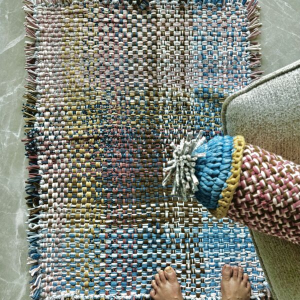 Image of Tassel Floor Rug / Throw Pink, Denim Blue, Brown, Beige, Navy, Off White