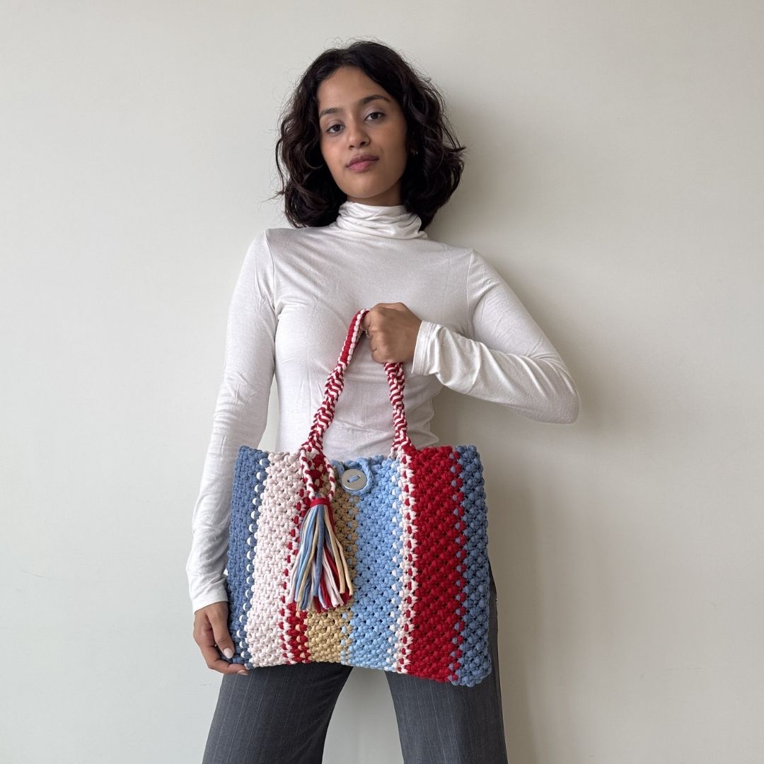 Image of Macrame Tote-Medium |  Red, Blues, Beige