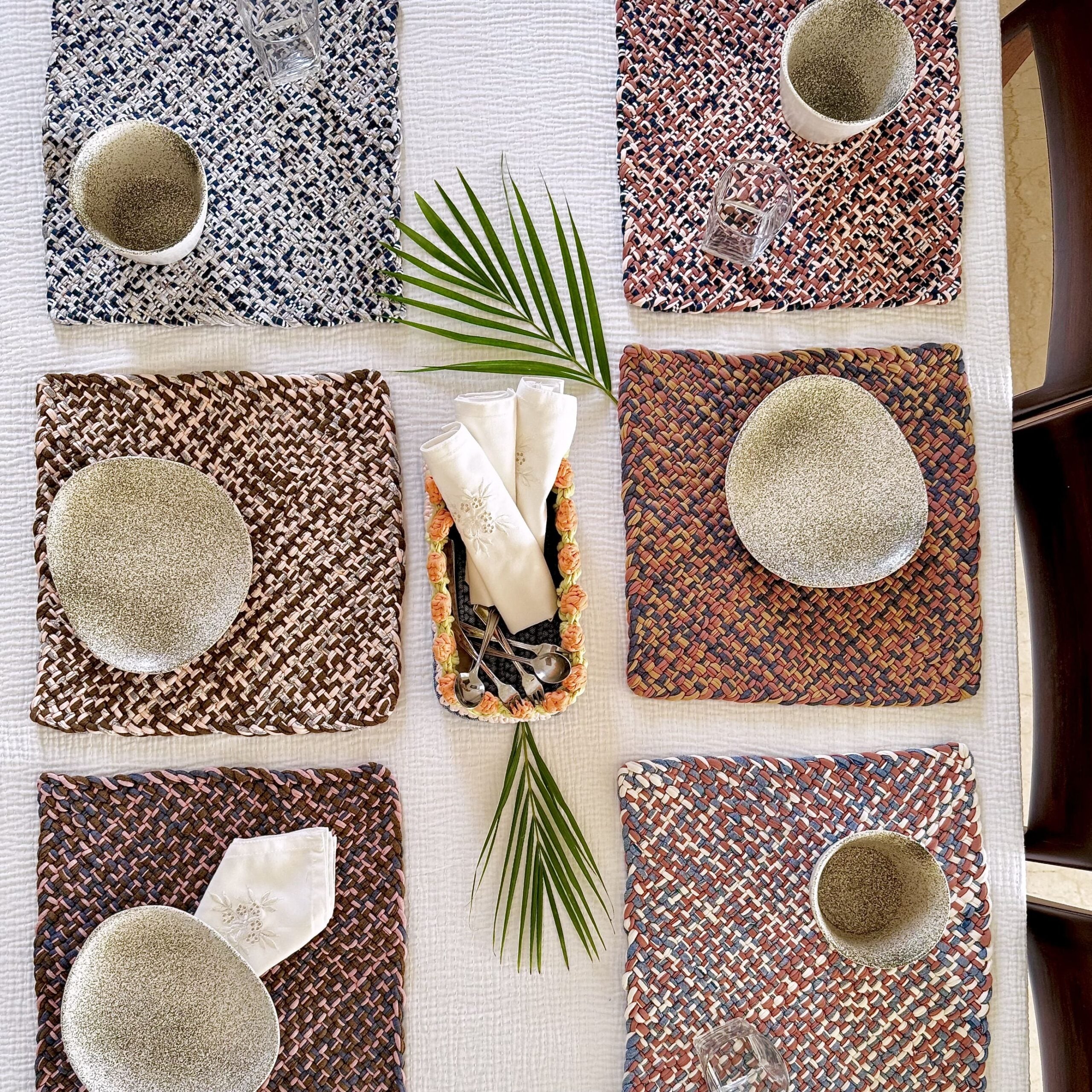 Image of Set of 6 Hand-Woven Square Placemats / Dining Mats Pink, Denim blue, Brown, Beige, Navy, Off white