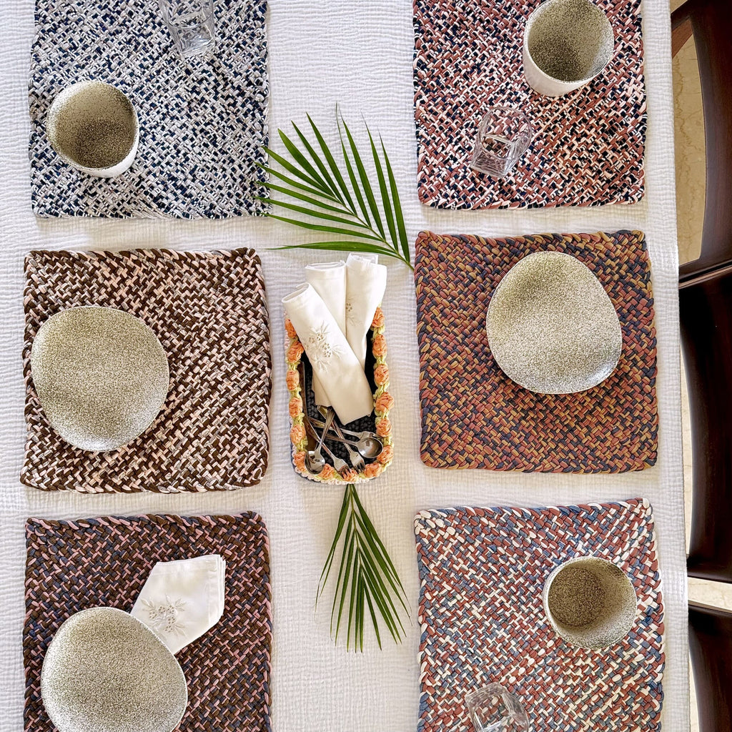 Set of 6 Hand-Woven Square Placemats / Dining Mats Pink, Denim blue, Brown, Beige, Navy, Off white