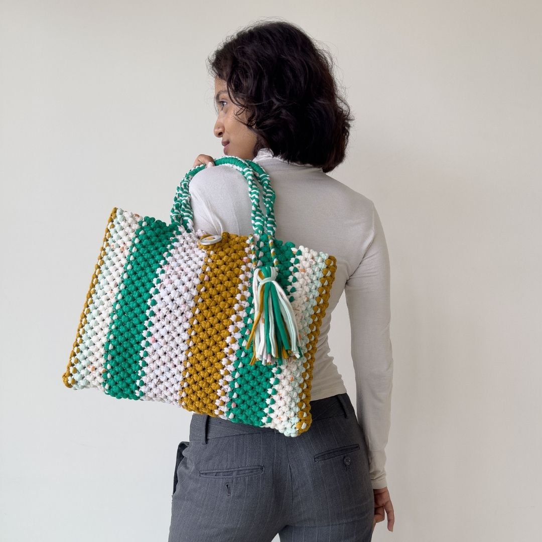 Image of Macrame Tote-Medium | Green, Off White, Mustard