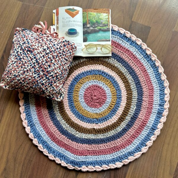 Image of Round Crochet Floor Rug Pink, Denim blue, Brown, Beige, Navy, Off white