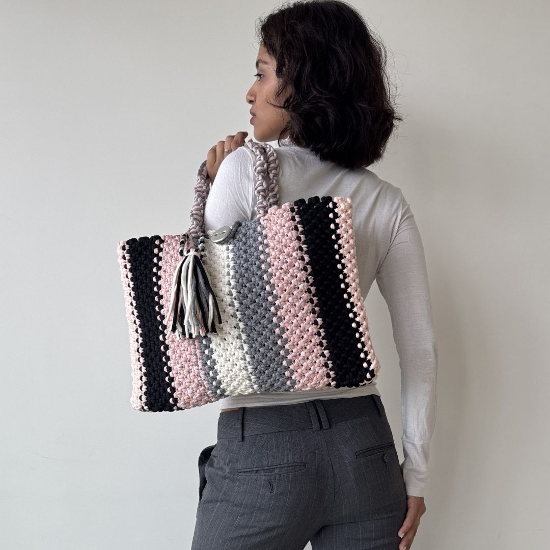 Image of Macrame tote-Medium | Black, Baby Pink, Grey, White