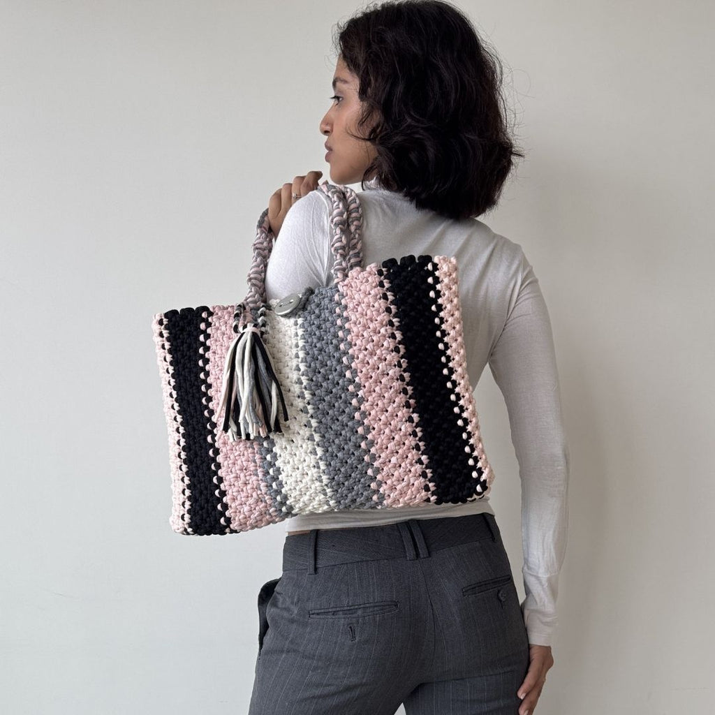 Macrame tote-Medium | Black, Baby Pink, Grey, White