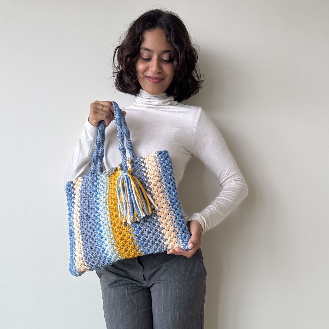 Image of Macrame Tote-Medium | Blues, Yellow, Off White