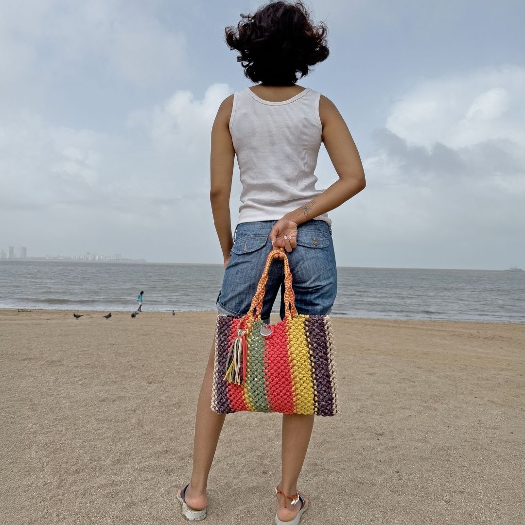 Image of Macrame Tote-Medium | Coral, Green, Yellow, Purple