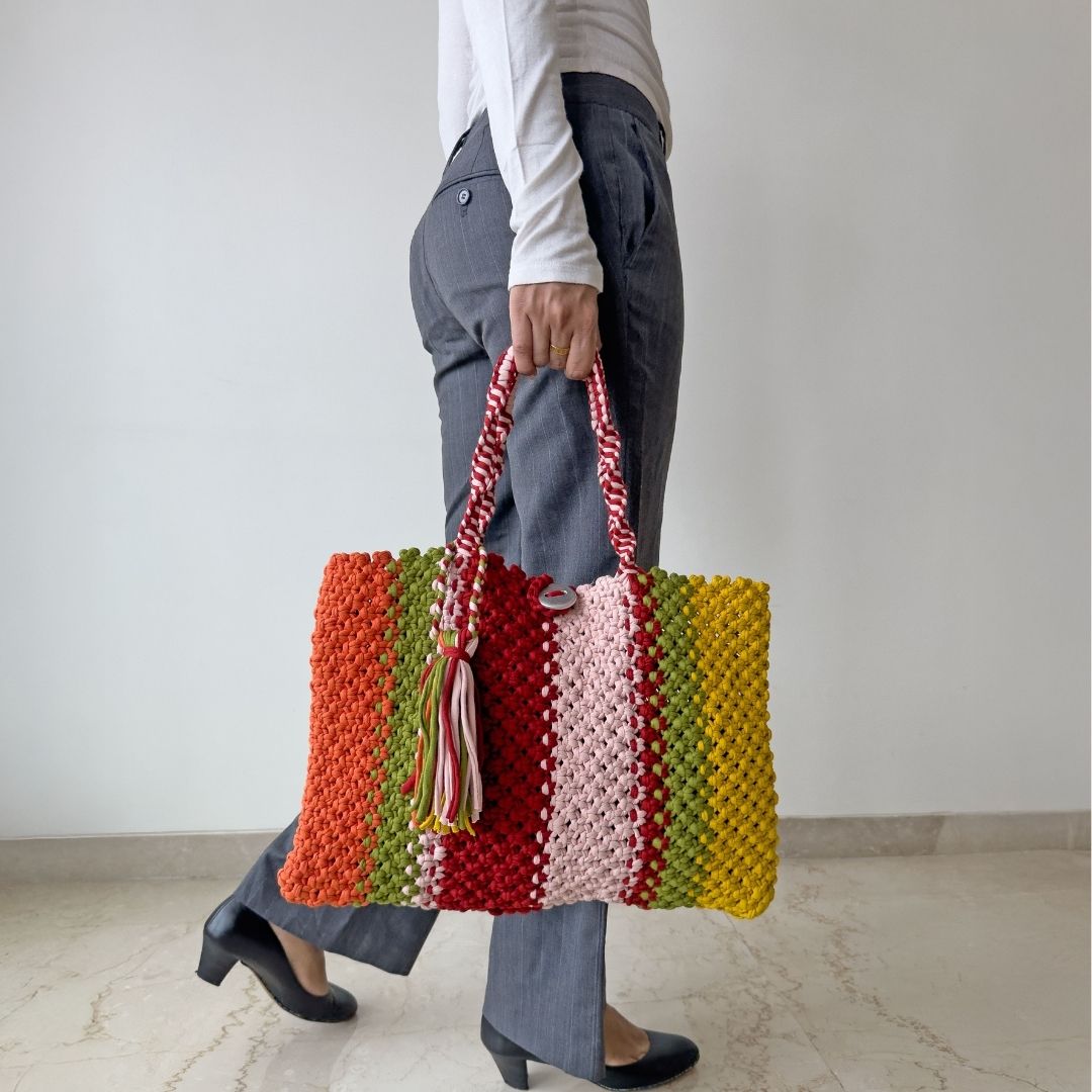 Image of Macrame Tote-Medium | Red, Yellow, Orange, Green