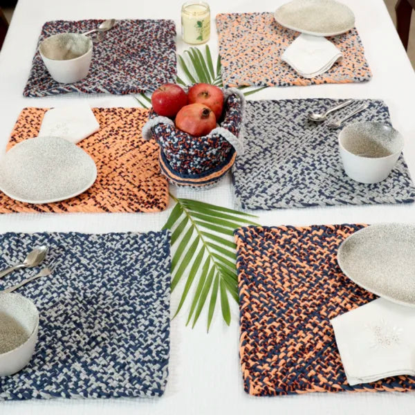 Image of Set of 6 Hand-Woven Square Placemats / Dining Mats Peach Navy Grey