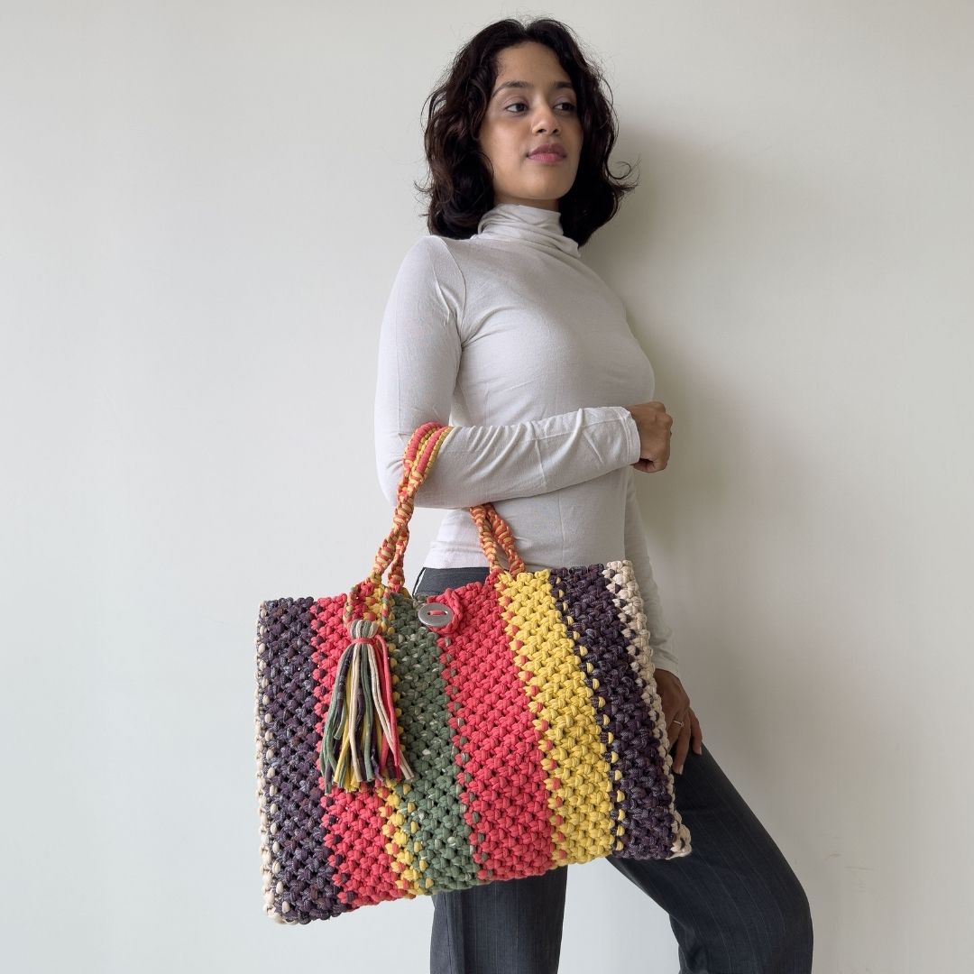Image of Macrame Tote-Medium | Coral, Green, Yellow, Purple