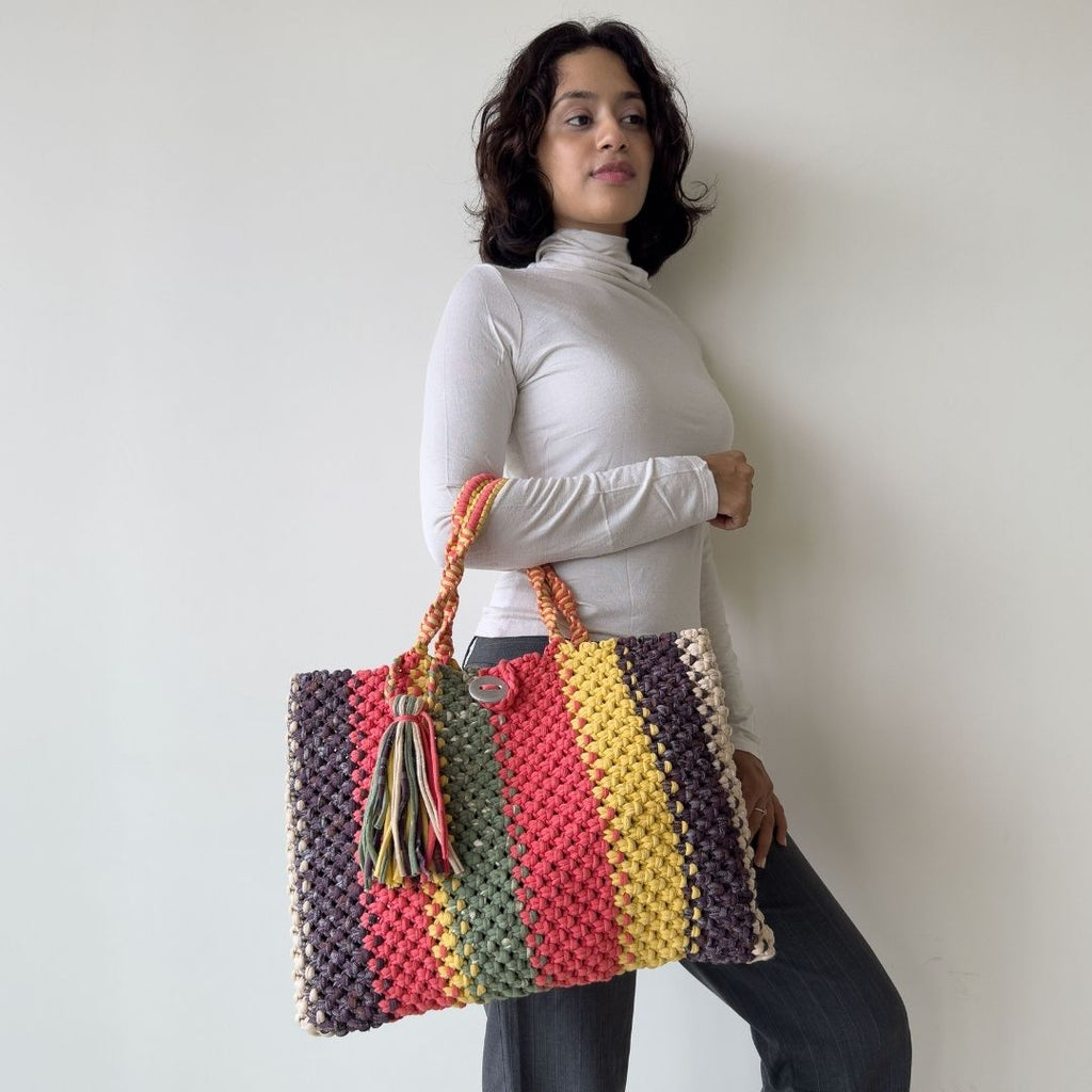 Macrame Tote-Medium | Coral, Green, Yellow, Purple
