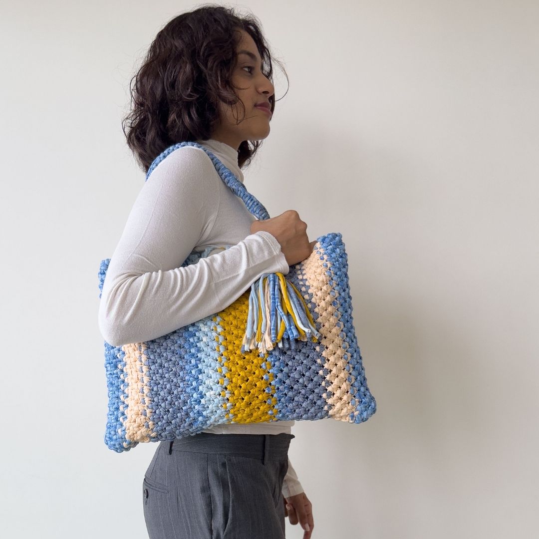 Image of Macrame Tote-Medium | Blues, Yellow, Off White