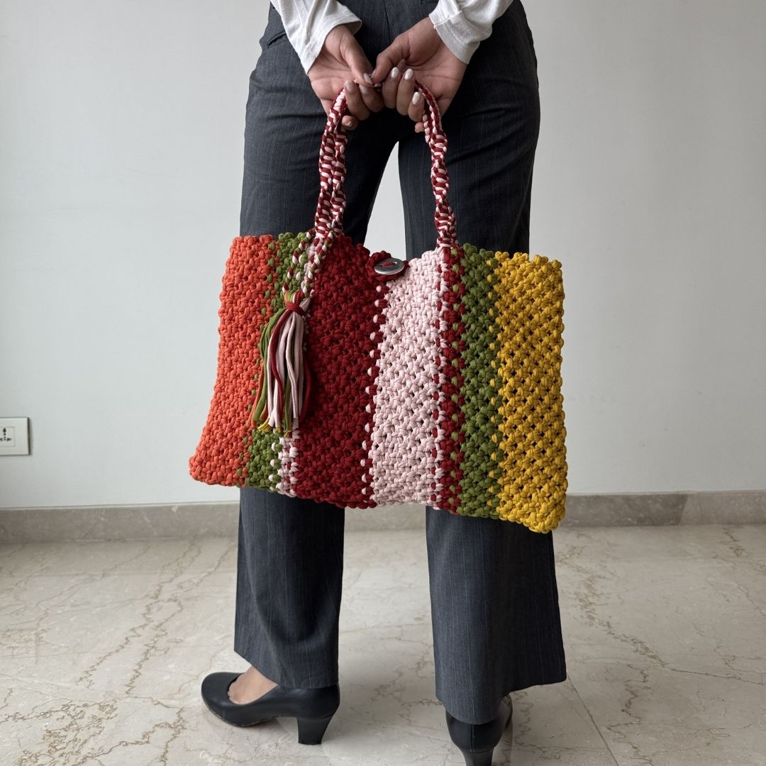 Image of Macrame Tote-Medium | Red, Yellow, Orange, Green