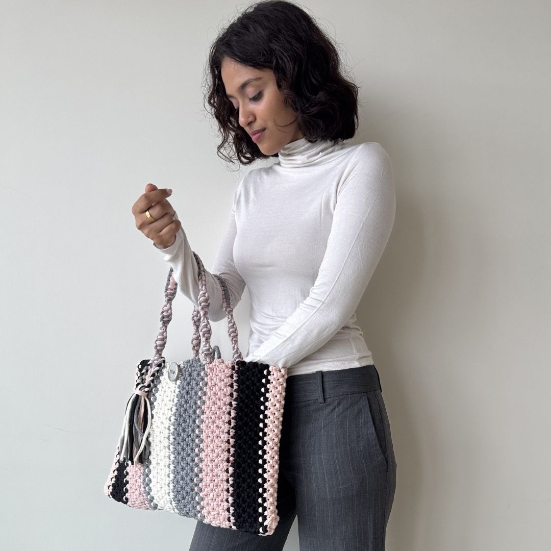 Image of Macrame tote-Medium | Black, Baby Pink, Grey, White