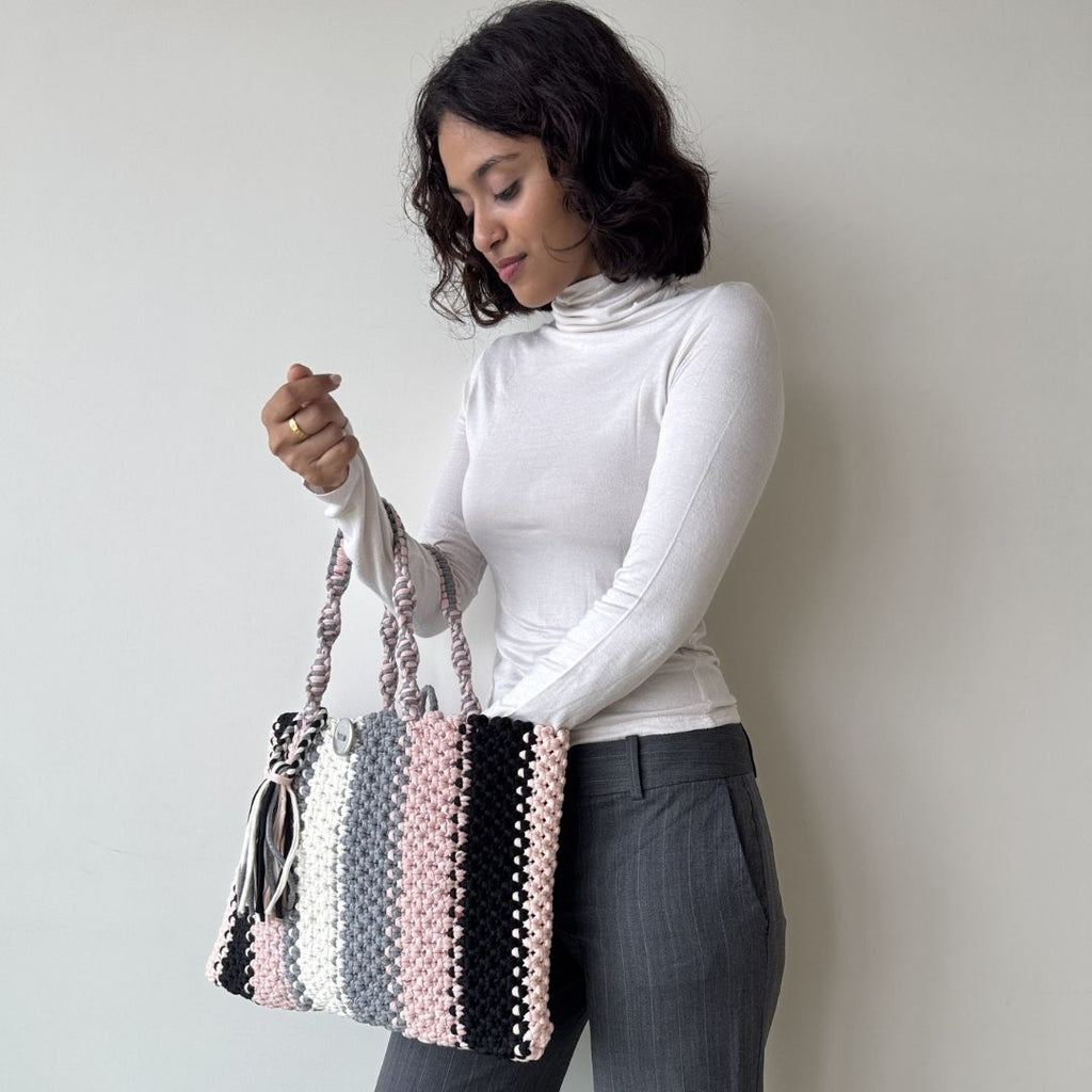 Macrame tote-Medium | Black, Baby Pink, Grey, White
