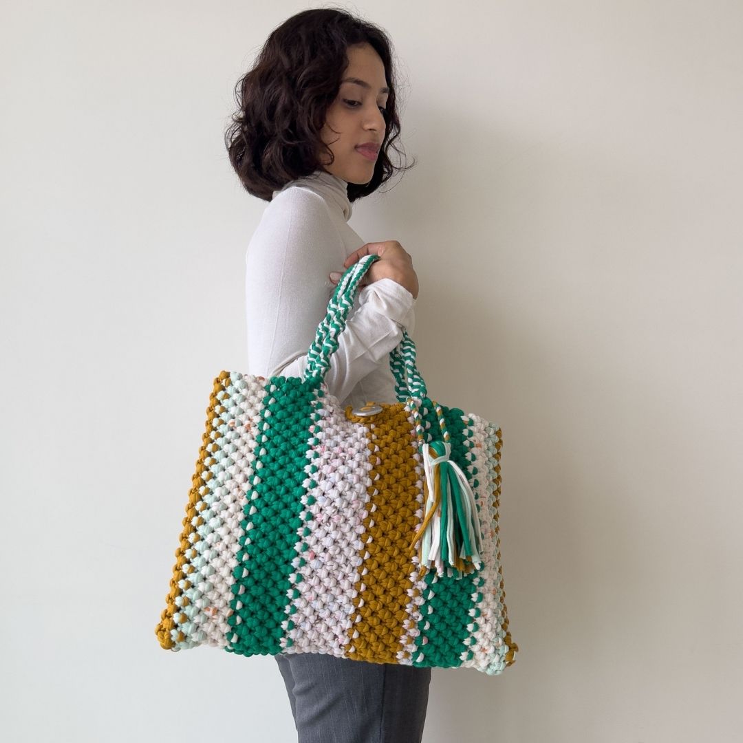 Image of Macrame Tote-Medium | Green, Off White, Mustard