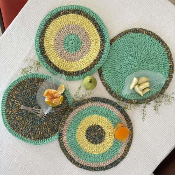Image of Set of 4 Round Crochet Placemats / Dining Mats Sea green, Beige, Lemon