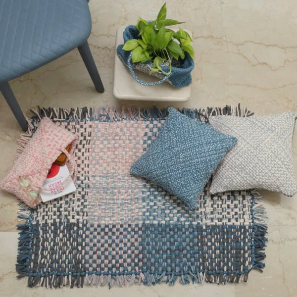 Image of Tassel Floor Rug / Throw Blue Pink Grey Off White