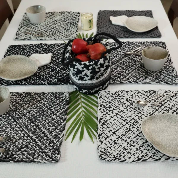 Image of Set of 6 Hand-Woven Square Placemats / Dining Mats Charcoal Grey Silver Grey