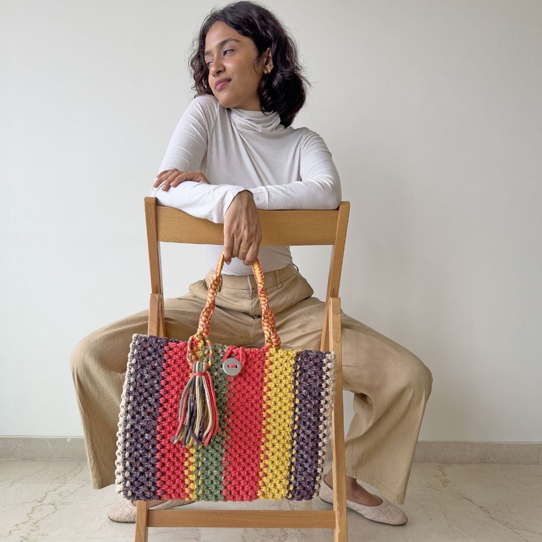 Image of Macrame Tote-Medium | Coral, Green, Yellow, Purple