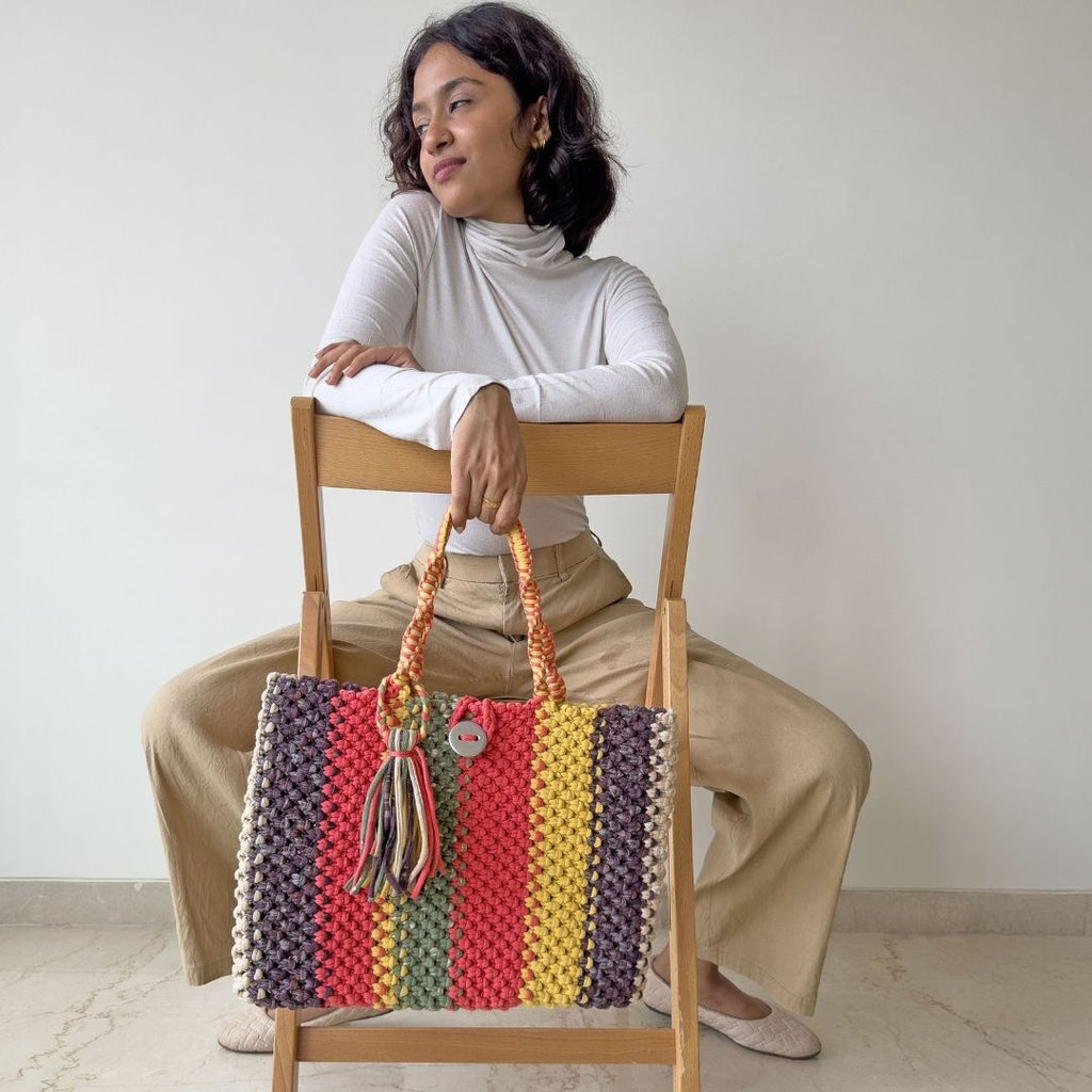 Macrame Tote-Medium | Coral, Green, Yellow, Purple