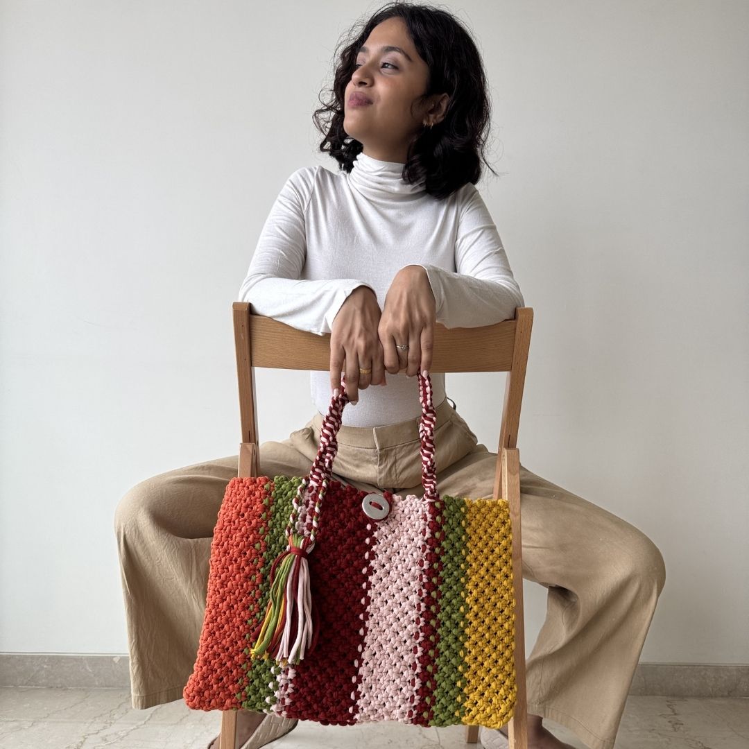 Image of Macrame Tote-Medium | Red, Yellow, Orange, Green