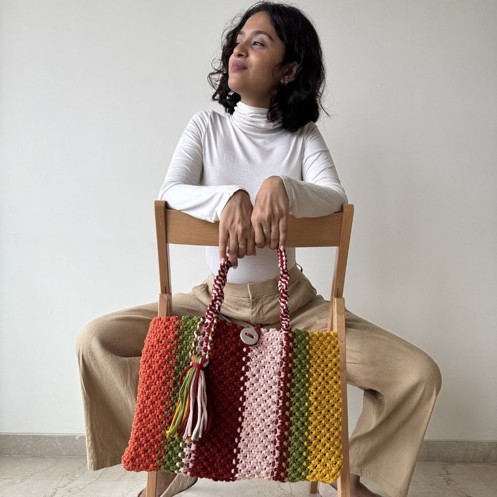 Macrame Tote-Medium | Red, Yellow, Orange, Green