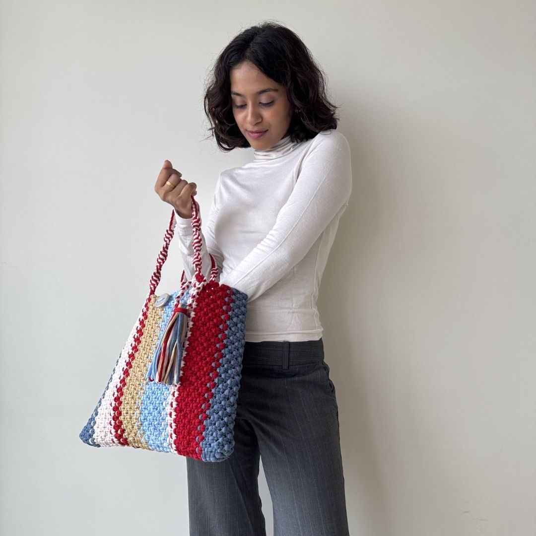 Image of Macrame Tote-Medium |  Red, Blues, Beige