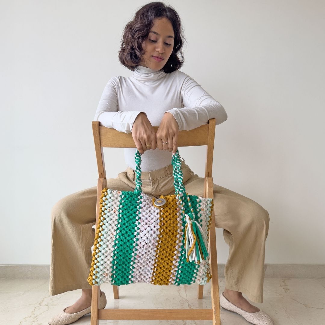 Image of Macrame Tote-Medium | Green, Off White, Mustard