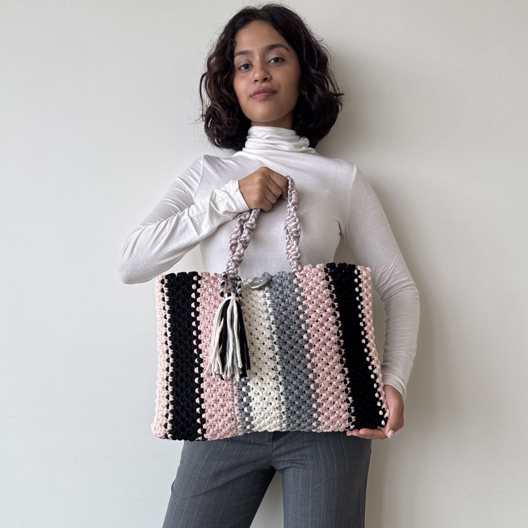 Image of Macrame tote-Medium | Black, Baby Pink, Grey, White