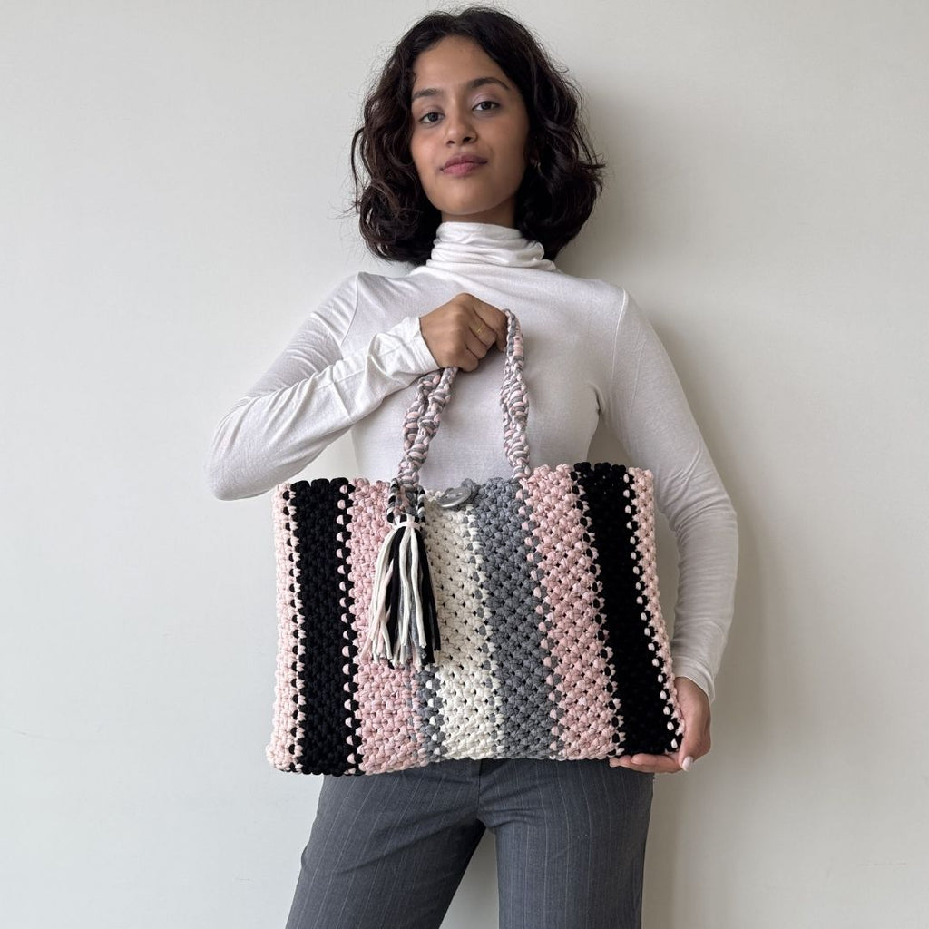 Macrame tote-Medium | Black, Baby Pink, Grey, White