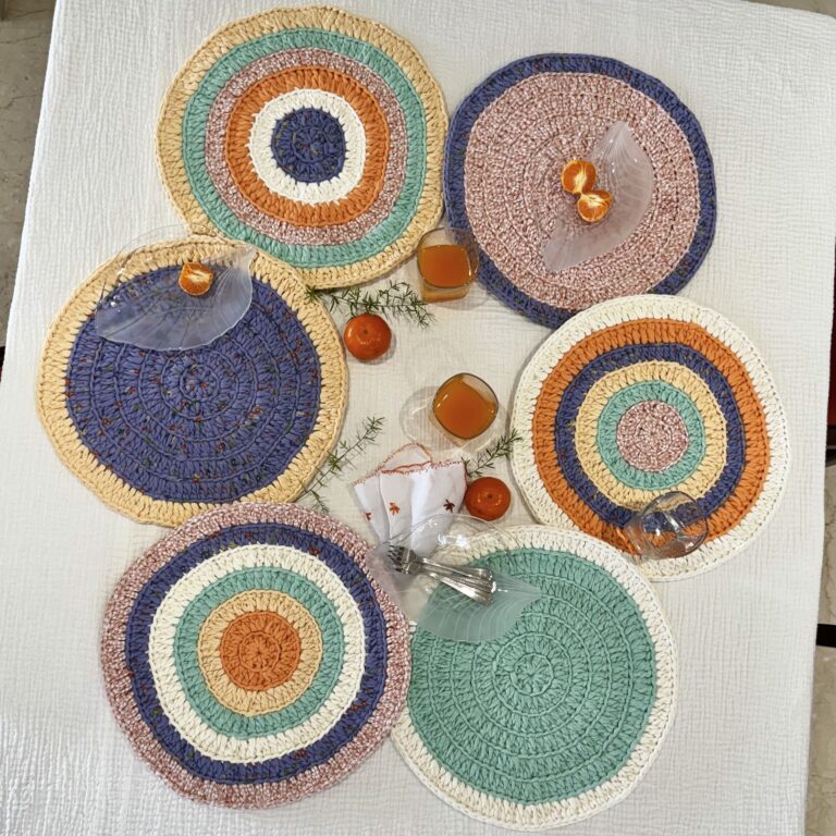 Image of Set of 6 Round Crochet Placemats / Dining Mats Green, Sea green, Purple, Peach, Off white