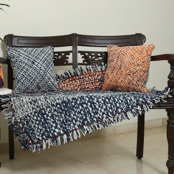 Image of Tassel Floor Rug / Throw Peach Navy Grey