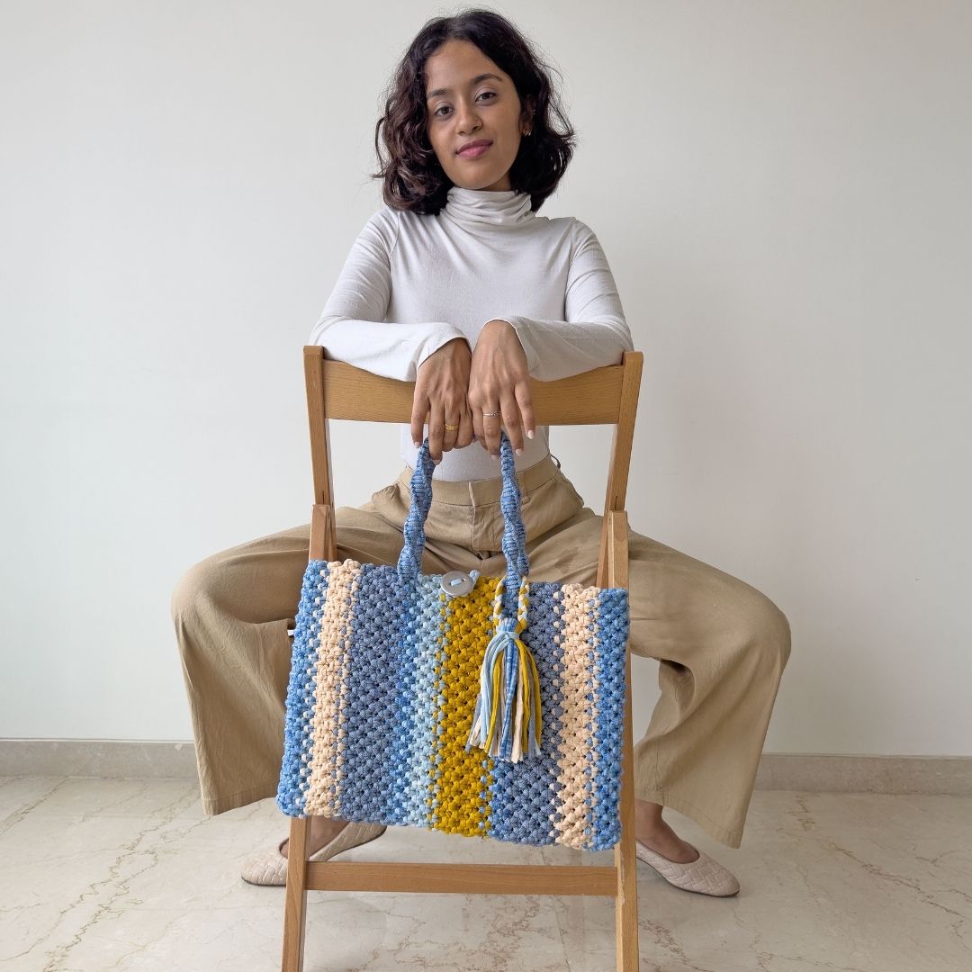 Image of Macrame Tote-Medium | Blues, Yellow, Off White