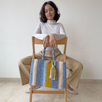 Macrame Tote-Medium | Blues, Yellow, Off White