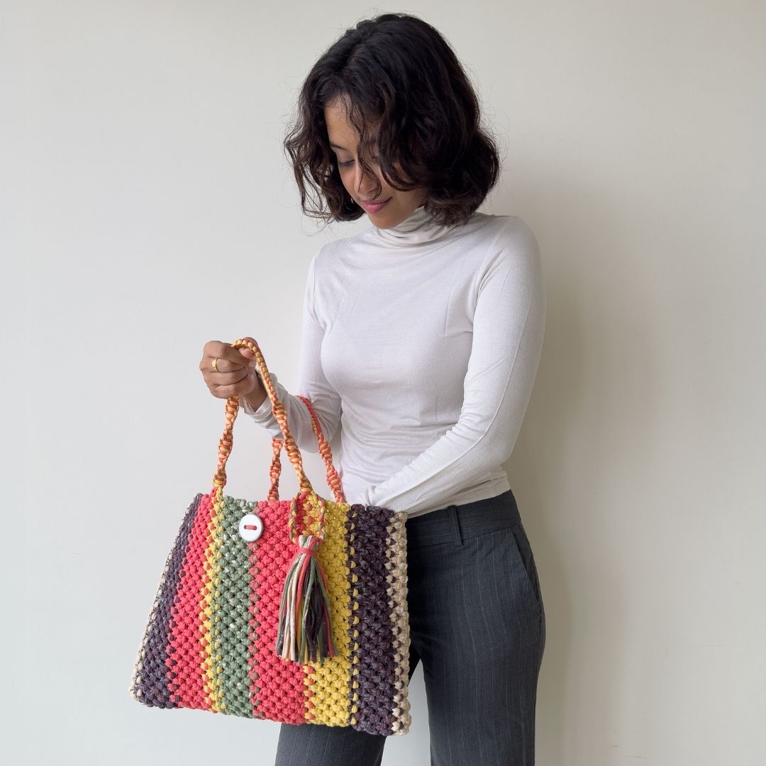 Image of Macrame Tote-Medium | Coral, Green, Yellow, Purple