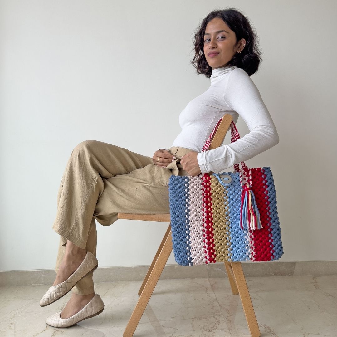 Image of Macrame Tote-Medium |  Red, Blues, Beige