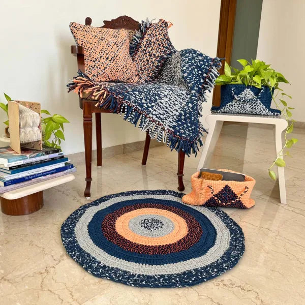 Image of Round Crochet Floor Rug Peach Navy Grey
