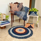 Round Crochet Floor Rug Peach Navy Grey