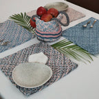 Set of 4 Hand-Woven Square Placemats / Dining Mats Blue Pink Grey Off White