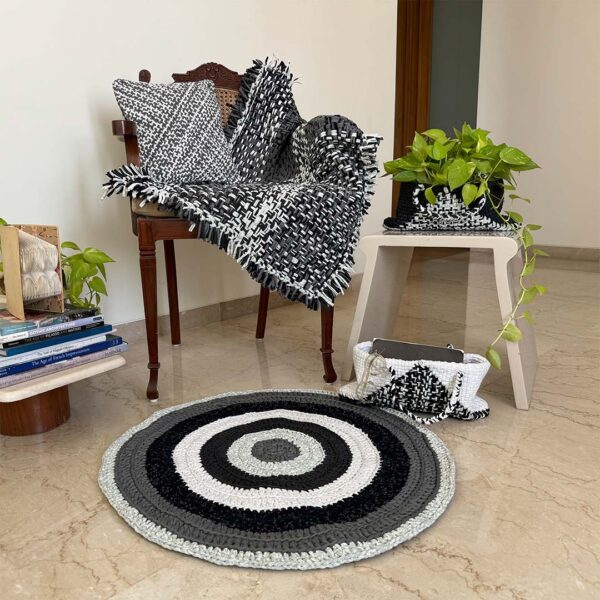 Image of Round Crochet Floor Rug Charcoal Grey Silver Grey