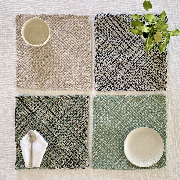 Image of Set of 4 Hand-Woven Square Placemats / Dining Mats Mint Teal Charcoal Silver Grey